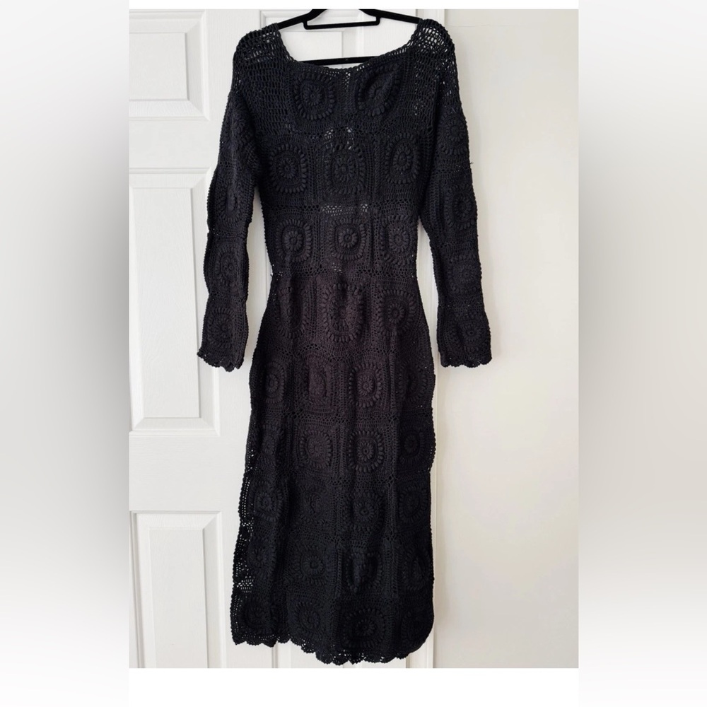 Anthropologie Bohemian Black Crochet Knit Long-Sleeve Midi Dress Large - Picture 8 of 12